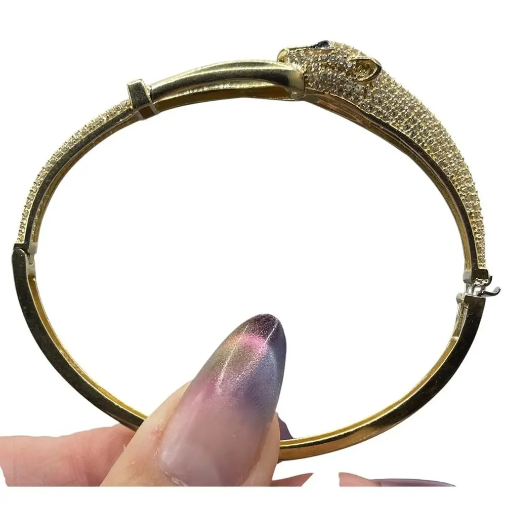 14K Yellow Gold Panther W/ Green Eyes Bangle Style Bracelet (22065)